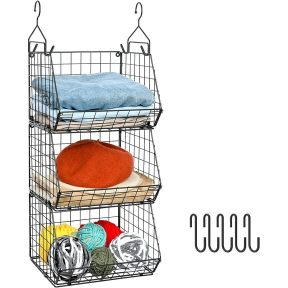 x-Cosrack 3 Tier Closet Hanging Organizer, Clothes Hanging Shelves with 5 S Hooks, Stackable Storage Bins Foldable Closet Organizers for Clothing, Handbag, Toys, Black