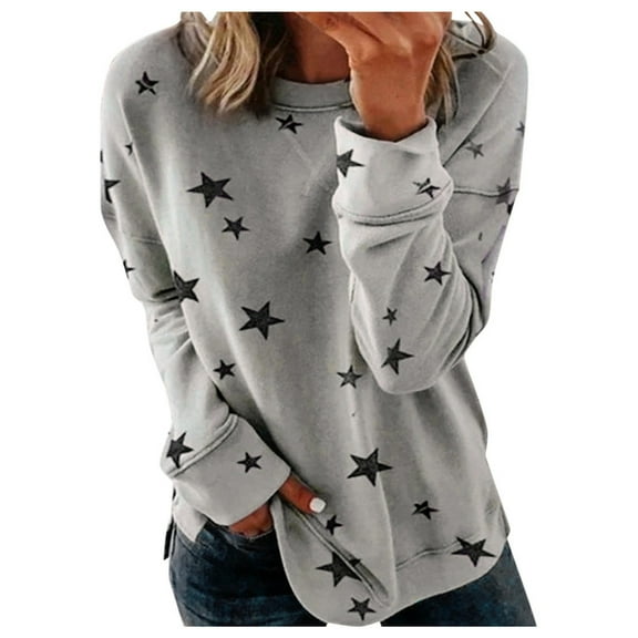 ICHUANYI Womens Stylish Shirts Causal Loose Crewneck Sweatshirt Plus Size Long Sleeve Stars Print Pullover Tops Fall Winter Clothing 2023