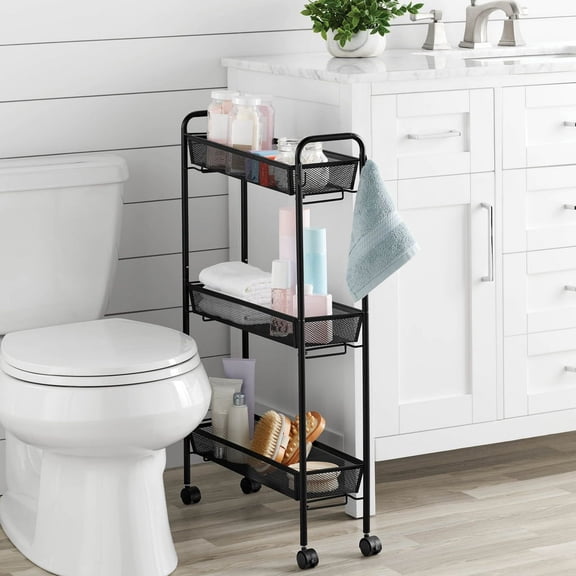 Slim 3-Tier Rolling Bathroom Storage Cart with Hooks, Narrow Organizer on Wheels, Black
