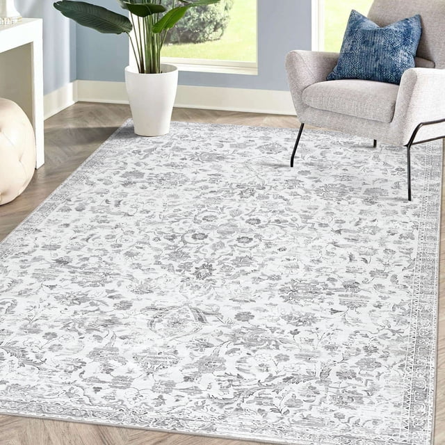 5x7 Vintage Distressed Area Rug, Machine Washable Medallion Floral Carpet with Non-Slip Stain Resistant, for Living Room, Bedroom, Home Decoration,Gray