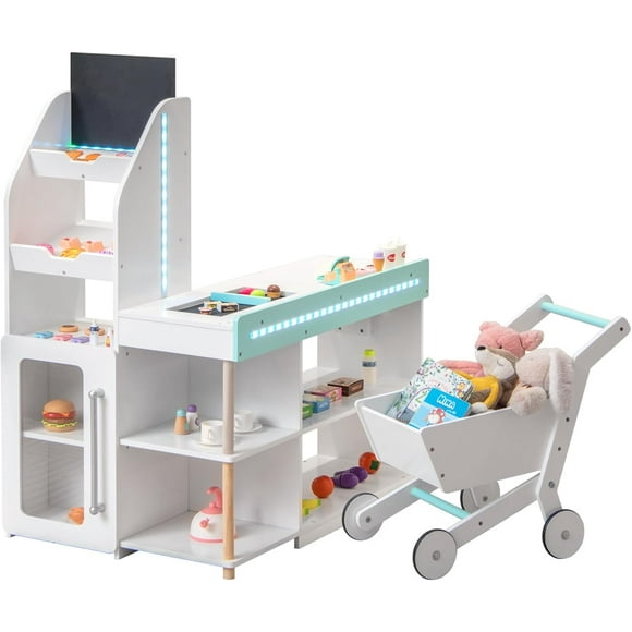 OLAKIDS Kids Grocery Store Playset, Wooden Pretend Play Supermarket with LED Lights Manual Conveyor Belt Play Food Accessories Blackboard Cash Register, Market Stand Toy for Toddler Boys Girls