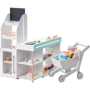 INFANS Kids Grocery Store Playset, Wooden Pretend Play Supermarket with LED Lights Manual Conveyor Belt Play Food Accessories Blackboard Cash Register, Market Stand Toy for Toddler Boys Girls