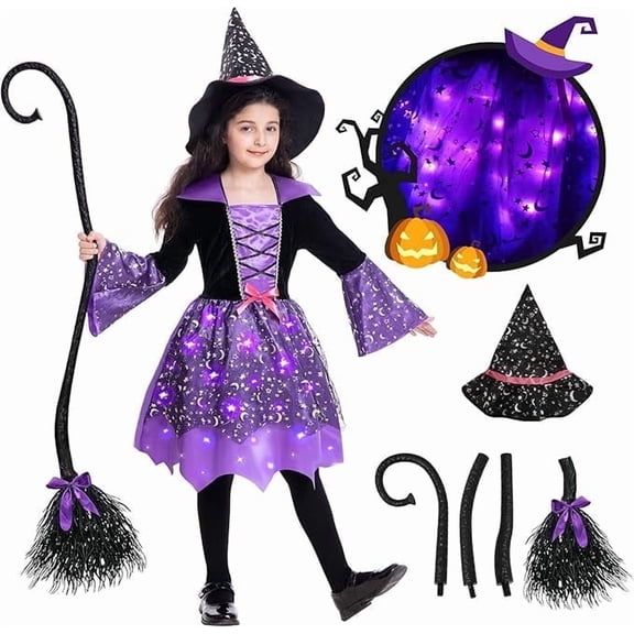 Sefiry Light-Up Witch Halloween Costume for Girls, LED Glowing Dress, Hat & Broom Set, 3-4T