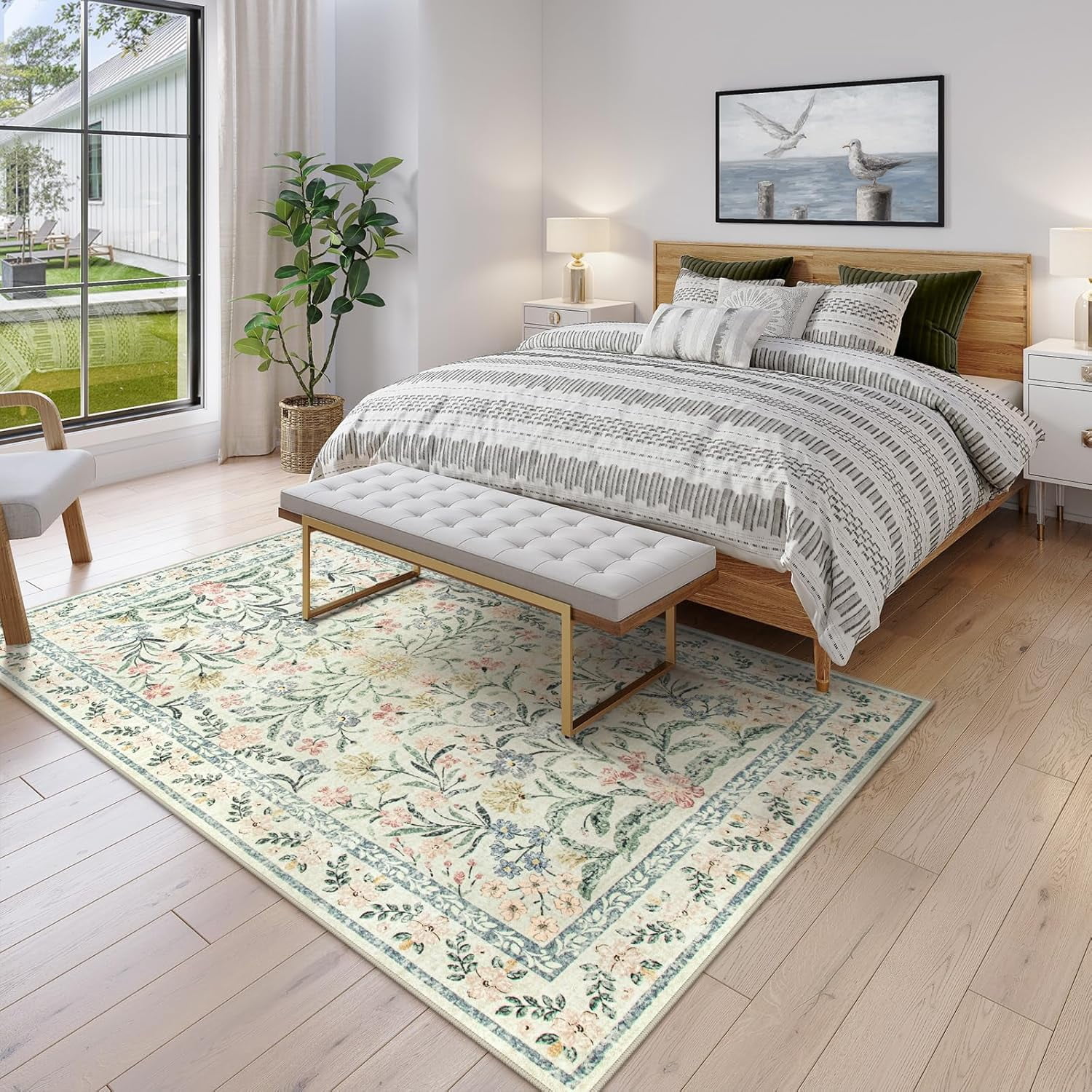 Moynesa 5'x7' Washable Rugs for Living Room, Boho Light Beige Floral Rugs for Bedroom Girls Non Slip, Soft Low-Pile Nursery Carpet Rug for Dining Room Indoor,Beige