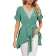 thumbnail image 5 of Women's Lace V Neck Flowy Tops with Belt Ruffle Short Sleeve Floral Pompom Solid Color Summer Peplum Top Blouse, 5 of 5