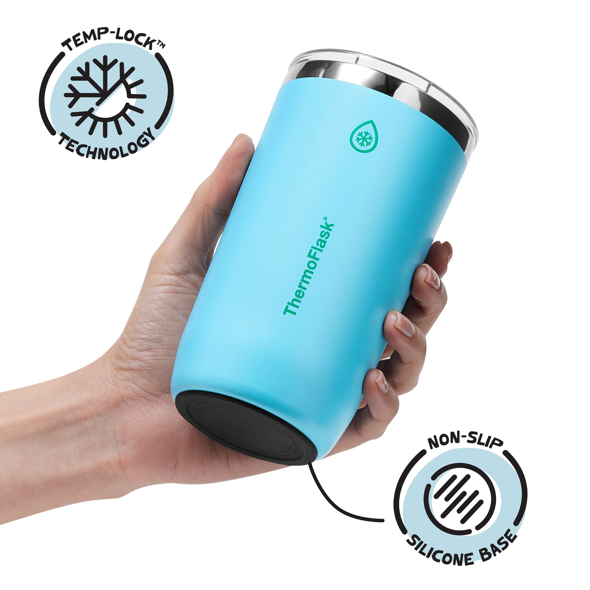 ThermoFlask Drinkware 16 oz Beer Tumbler - Double-Wall Insulated for Cold & Hot Drinks - Lightweight & Simple Cup with Innovative Press In Slider Lid - Modern & Durable - Vivid Blue
