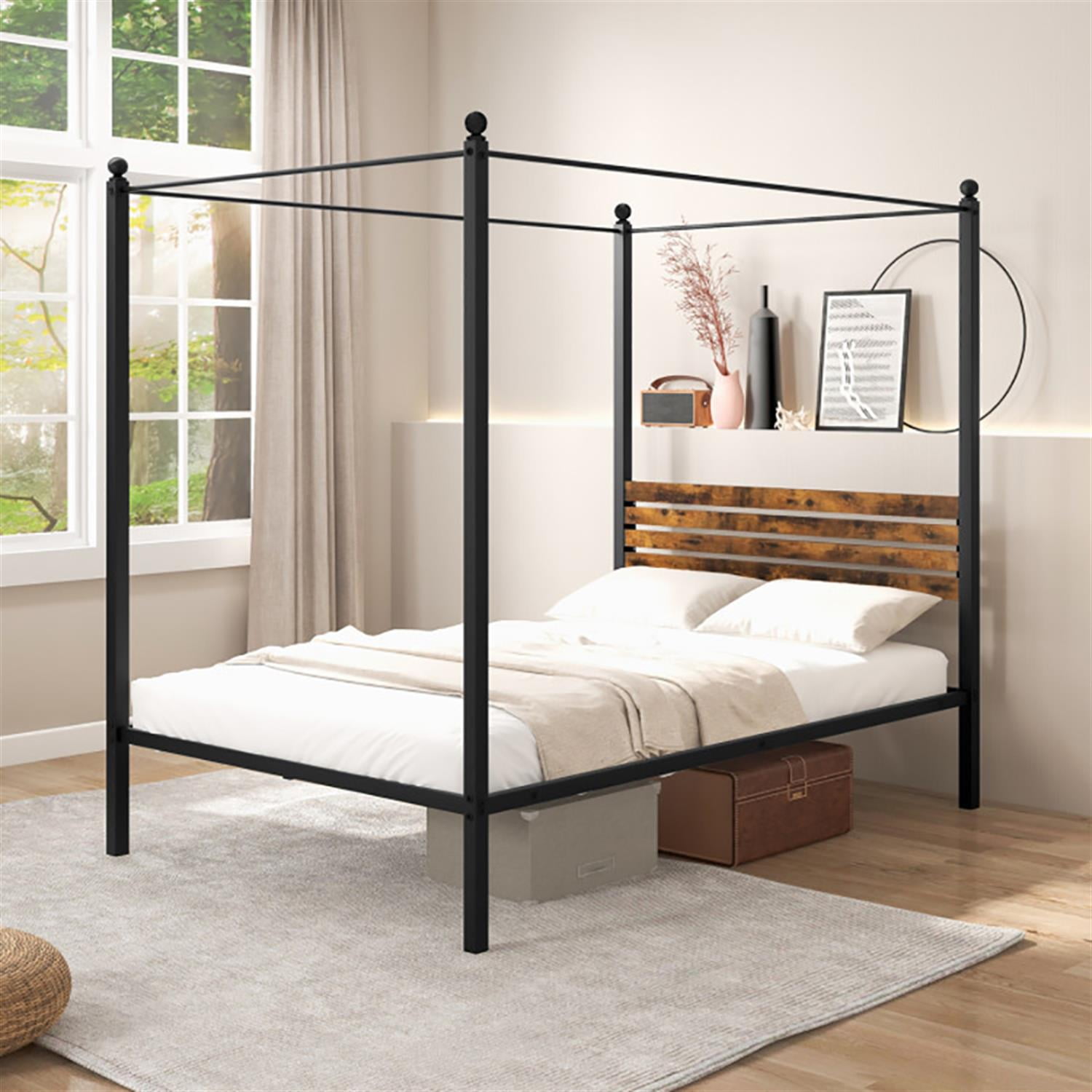 Demi Bonn Full Size Canopy Metal Platform Bed Frame with Under Bed Storage, Steel Slat Support, No Box Spring Needed, Black