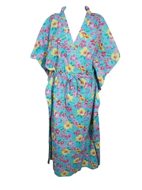 Mogul Womens Blue Floral Caftan V-Neckline Cotton Printed Kimono Sleeves Cover Up Maxi Dress Kaftan One Size