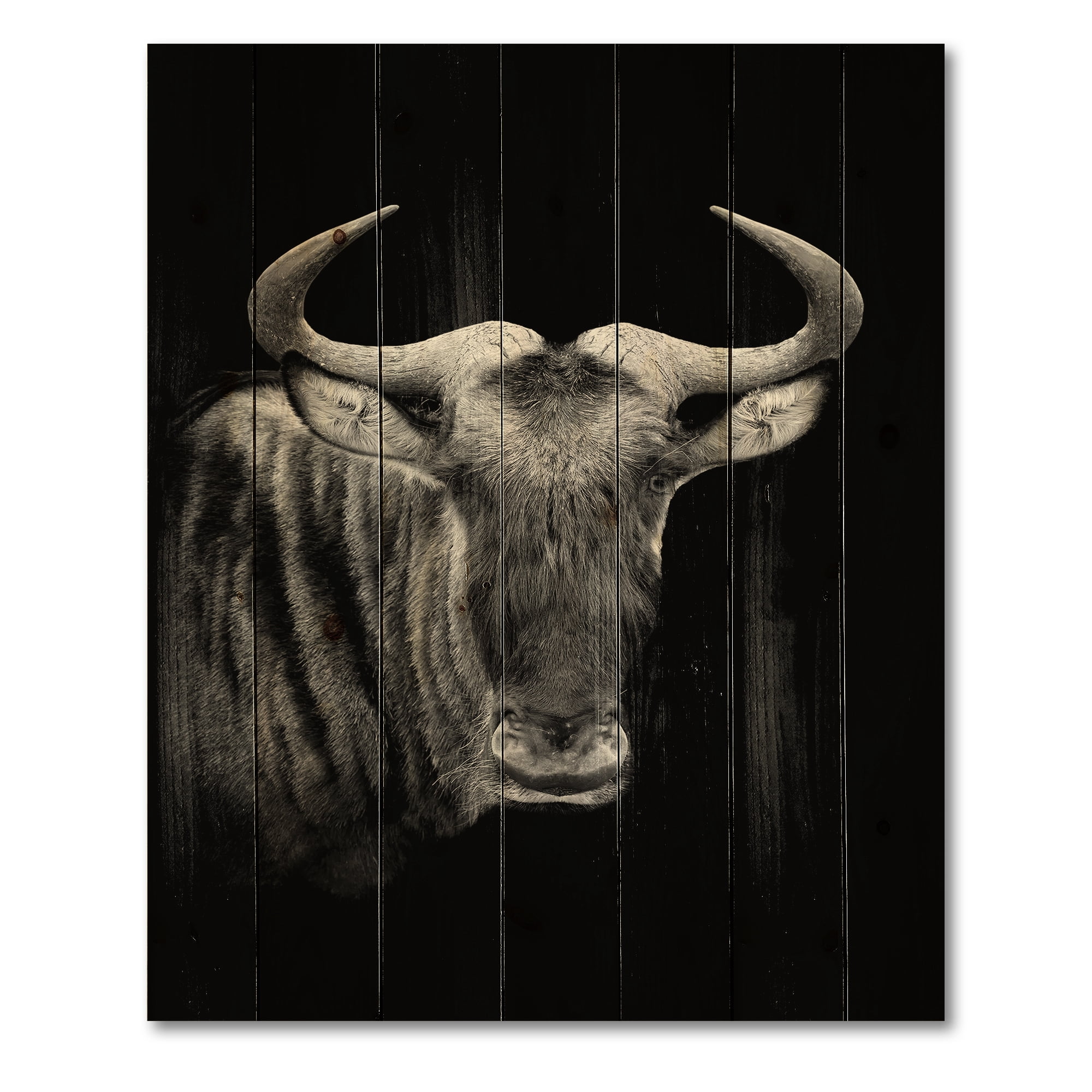 Designart 'Black and White Portrait Of Wildebeest' Farmhouse Print on Natural Pine Wood