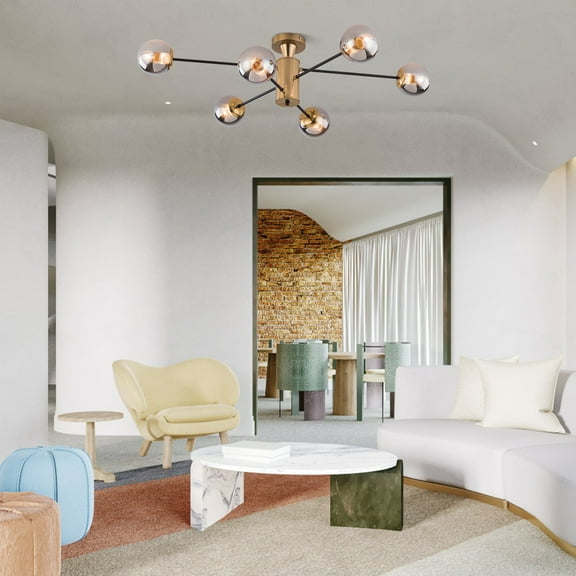 110V Semi Flush Mount Ceiling Light Fixture Gold Chandelier w/ Glass Globe Ceiling Lighting W/o Bulb