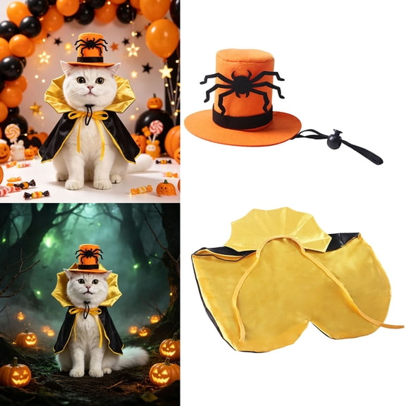 Halloween Pet Costume Set, Cute Witch Hat & Pumpkin Collar, Cloak & Bat Wings Dress-Up Accessories For Cats & Small Dogs Holiday Party