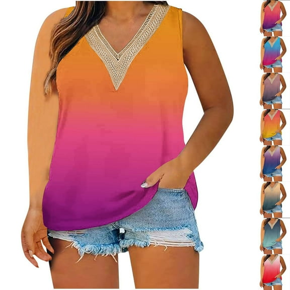 USSUMA Womens Summer Tops Women's Tank Tops Sleeveless V Neck Loose Casual Plus Size Tops for Women Lace Printed Tunic Lounging Tops Loose Shirt Climbing Blue Online Shopping Tank Top for Women L