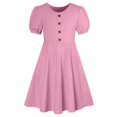 thumbnail image 5 of Girls Summer Dresses Crewneck Puff Sleeve Midi Dress Loose Fit Flowing A Line Dress with Button Decoration 5-15 Years, 5 of 5
