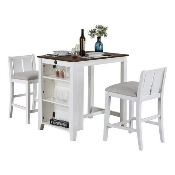 Ham 3 Piece Counter Height Compact Dining Table- Chair Set- White Wood