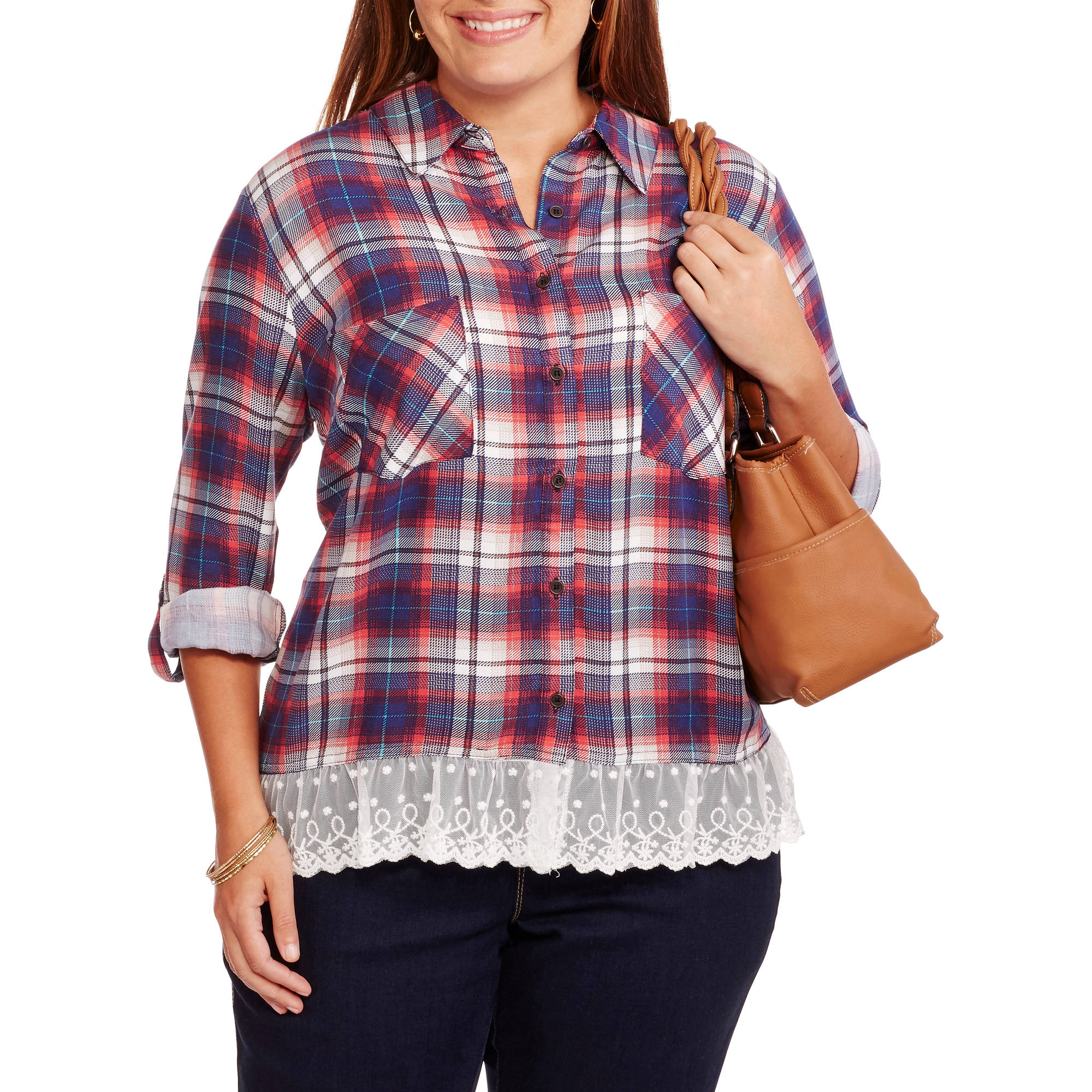 Tab Roll Sleeve Plaid Shirt 