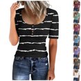 thumbnail image 3 of Lovskoo Ribbed Summer Tops for Women 2024 Casual Stripe Knit Basic Tops Slim Short Sleeve Crewneck Tight Shirts Button Up Tee Blouse Black L, 3 of 3
