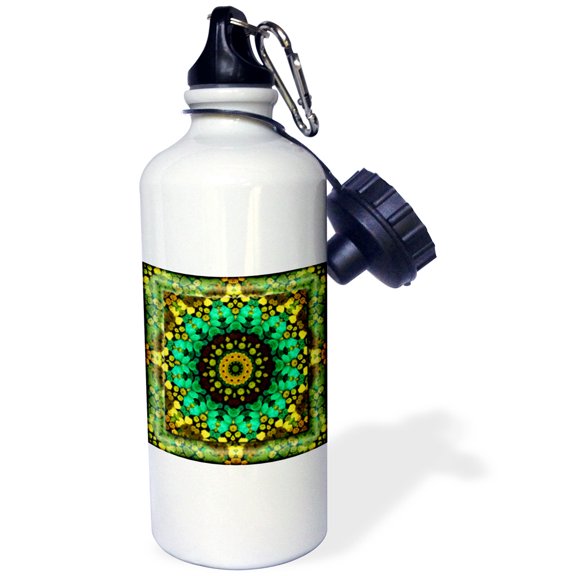 3dRose, Mandala 29 floral flowers green turquoise gold glowing peace meditation, 21 oz Sports Water Bottle