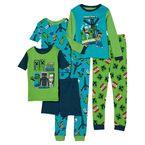 Conjunto de pijama Minecraft para niños, 6 piezas, algodón, ajuste ceñido, azul, talla 10