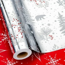 Reversible Christmas Wrapping Paper, Luxury Metallic Silver Wrapping Paper, Elegant Winter Snowy Woodland Forest Animals Gift Wrap for Christmas, Festive Decoration (17 Inch X 33 Feet)