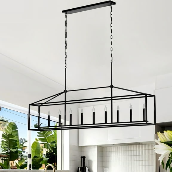 10-Light Black Farmhouse Chandelier, Rectangular Pendant Lighting for Kitchen Island, Dining Table, Living Room