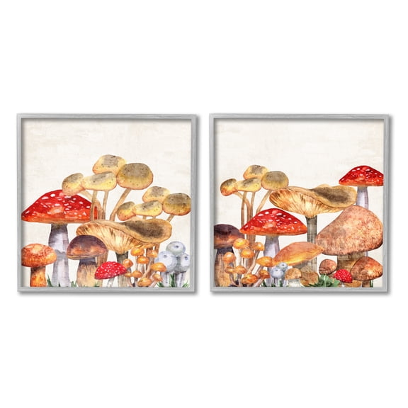 Stupell Industries Various Cottage Mushrooms Botanical & Floral Painting Gray Framed Art Print Wall Art, 12 x 12, Set of 2