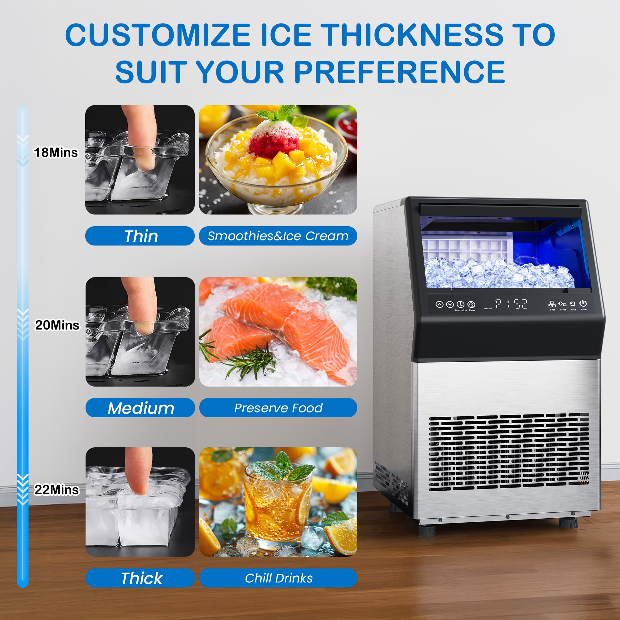 Heynemo commercial Cube Ice Maker Machine: 88-110 lbs/24H, 8-15 Minutes Fast Ice Production, Large Ice Maker with Dual Water Supply, Energy-Efficient for Home, Bar & Restaurant, Sliver