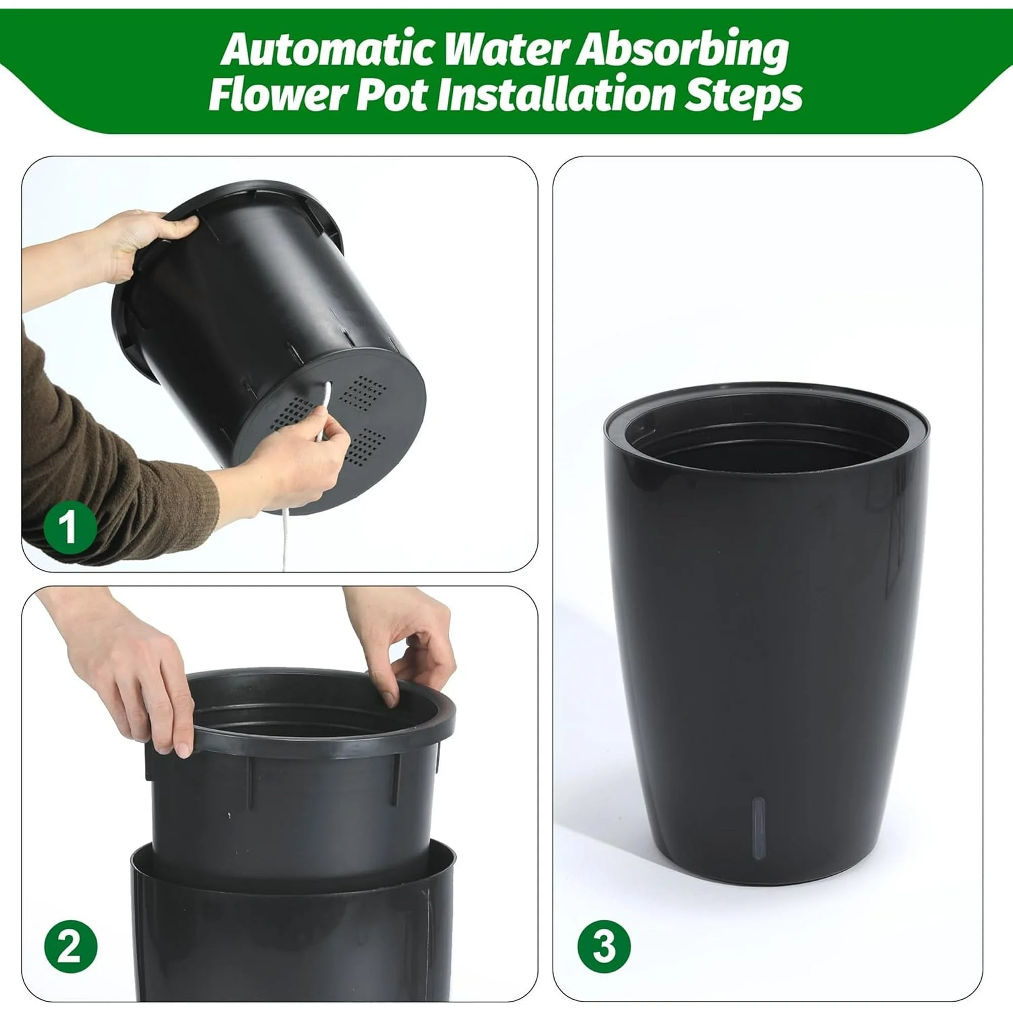 Riedhoff 15.7" Tall Round Planter Pots, Built-In Drainage, Self-Watering, 2 Count, Black