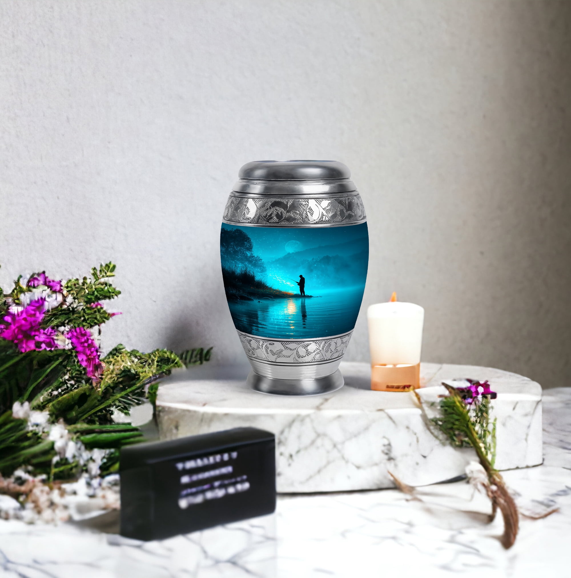 MUKTIVE Fishing Silhouette Keepsake Cremation Urns for Adult Ashes Men - Blue, Evening Small Decorative Burial Urn for Human Ashes for Men - Ash Holders - Remembrance Gifts for Loss (3 Inch)