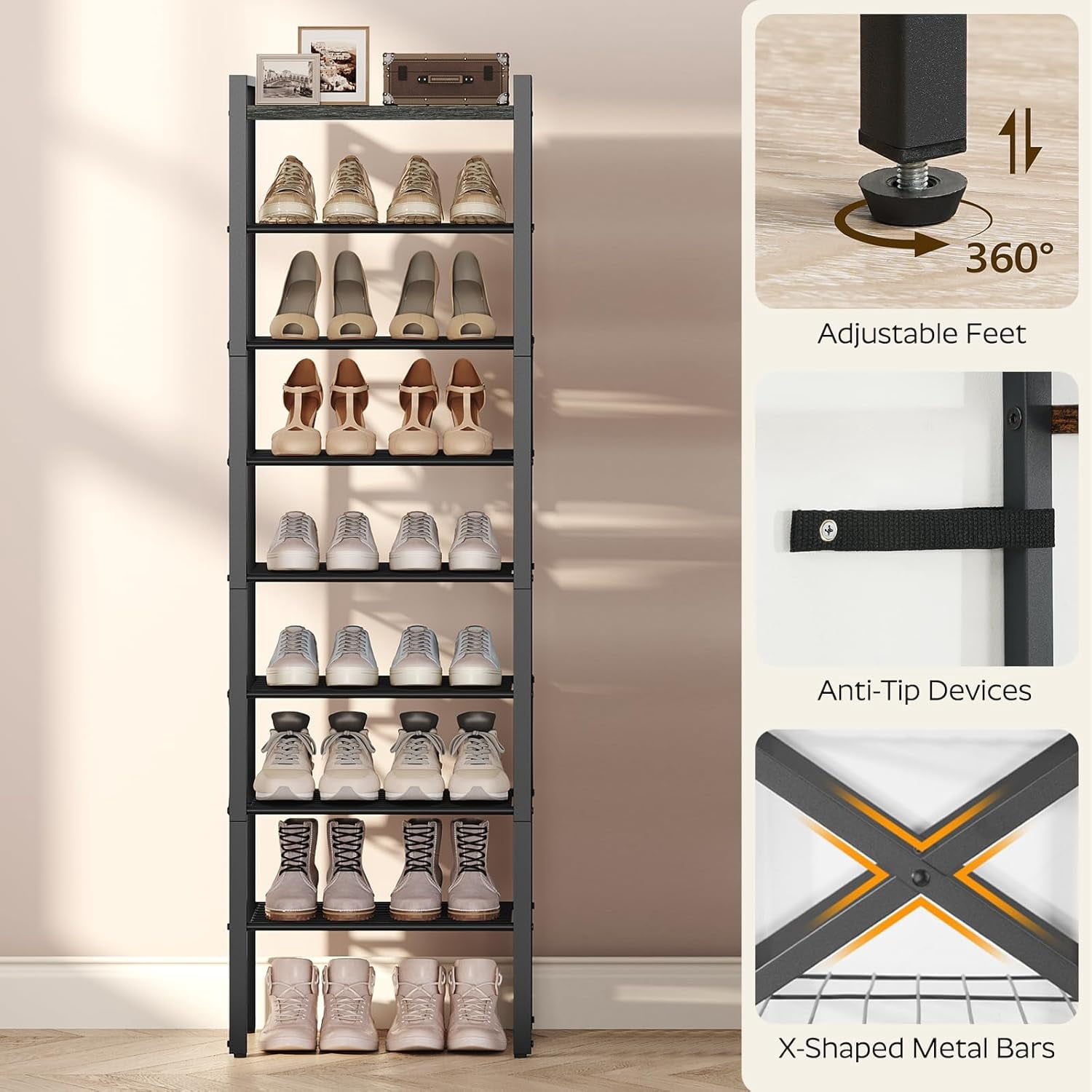 8-Tier Narrow Shoe Rack, Tall Shoe Rack for 8-16 Pairs, Slim Shoe Storage Organizer with Wooden Top, Space Saving, Metal Frame, for Entryway