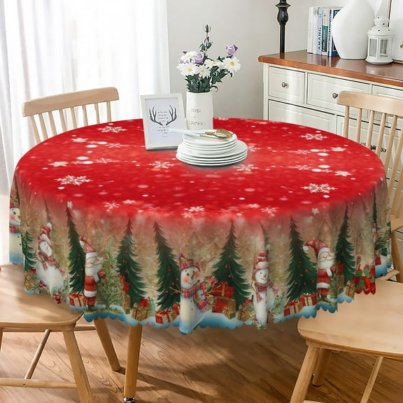 Nanqianyi Christmas Tablecloth Round 70 Inch, Winter Snowman Snowflake Table Cloth Xmas Tree Red Washable Table Cover for Holiday Party