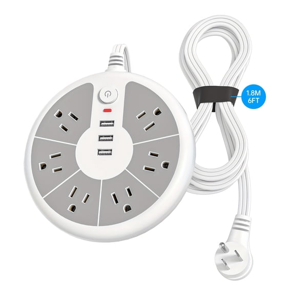 Round Power Strip with 6 Outlets & 3 USB Ports, Individual Switches, Surge Protector, 1250W, Wall-Mountable Desktop Charging Station, White/Gray for Home Dorm Office