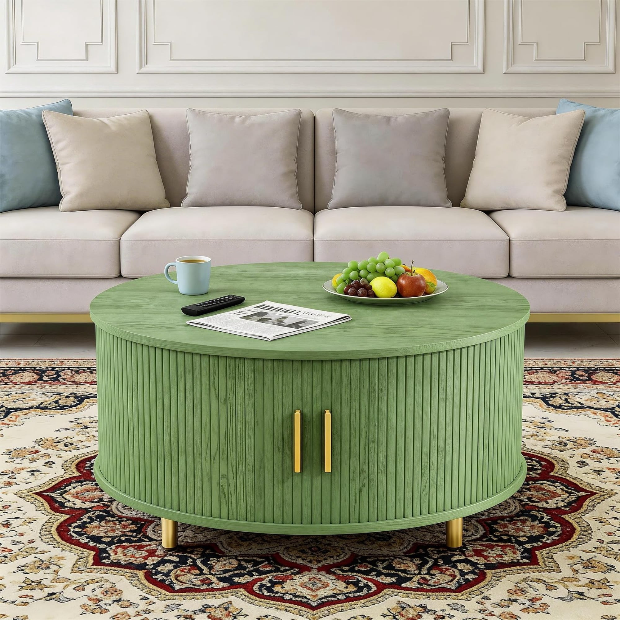 31.5" Round Coffee Table, Mid Century Modern Fluted Coffee Table with 360° Sliding Tambour Door & Storage, Green