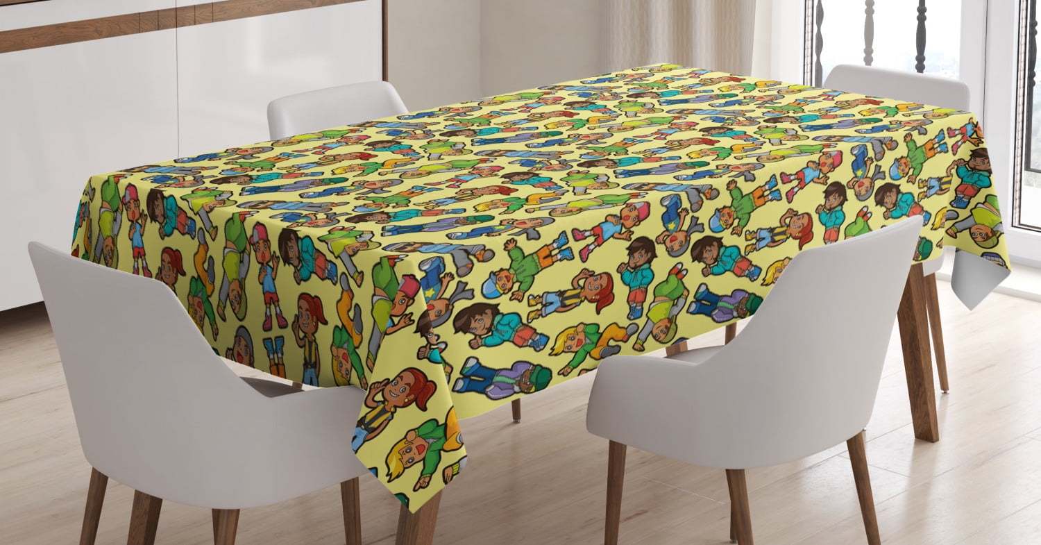 Hip Hop Tablecloth, Cartoon Hip Hop Boys and Girls Figures in Colorful