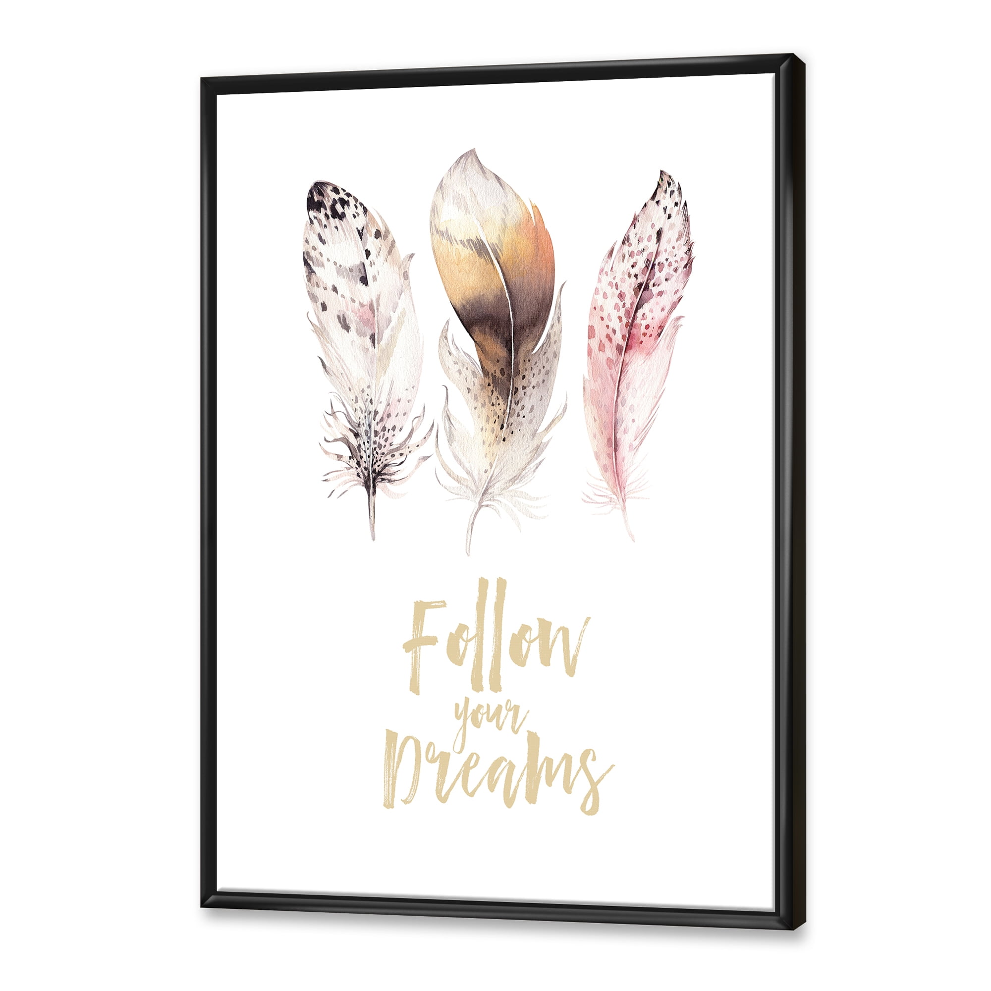 Designart 'Multicolored Boho Art Feathers Follow Your Dreams' Bohemian & Eclectic Framed Canvas Wall Art Print