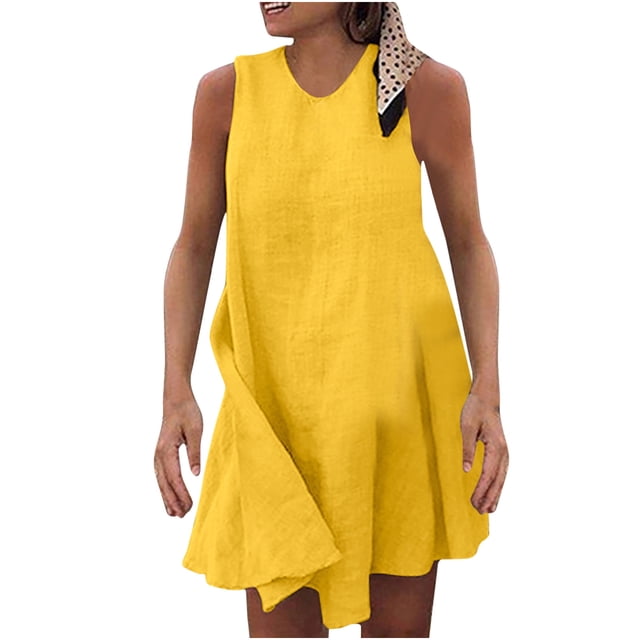Robes pour Femmes Mode Grande Taille Brodée Sans Manches Col Rond Robe Courte Décontractée Sans Manches
