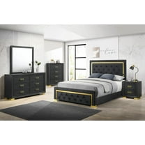 Modern Glam 6pc Bedroom Set Queen Size Panel Bed Furniture Gold Black Finish