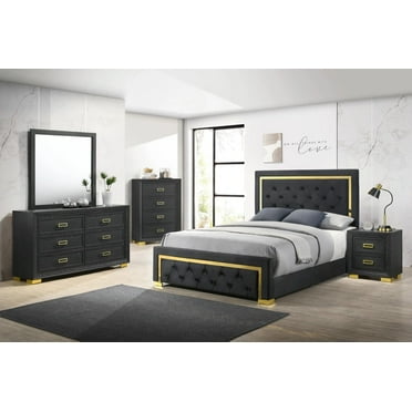 Modern Glam 4pc Bedroom Set Queen Size Panel Bed Furniture Gold Black Finish