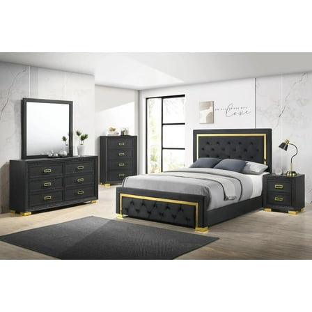 Modern Glam 5pc Bedroom Set King Size Panel Bed Furniture Gold Black Finish