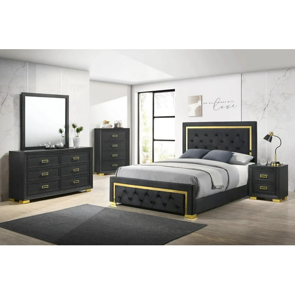 Modern Glam 5pc Bedroom Set Queen Size Panel Bed Furniture Gold Black Finish