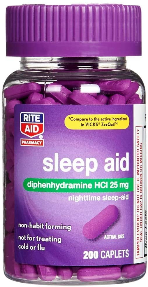 Rite Aid Sleep Aid Caplets, Diphenhydramine HCl, 25mg - 200 Count | Sleep Relief