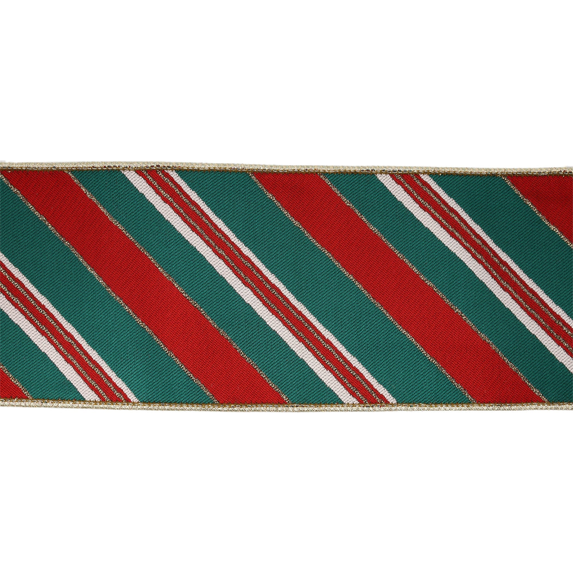 LaRibbons 4" Wired Jacquard Ribbon, Red/Green Christmas Stripes w/ Gold Backing, 5 Yard Roll