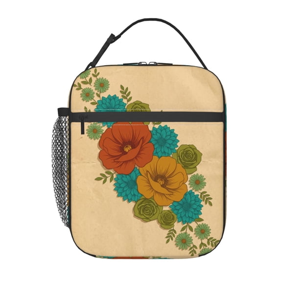 Boho Floral Lunch Bag Colorful Flower Reusable Lunch Box Small Portable Insulated Cooler Tote Bag For Women Men Work Travel Picnic