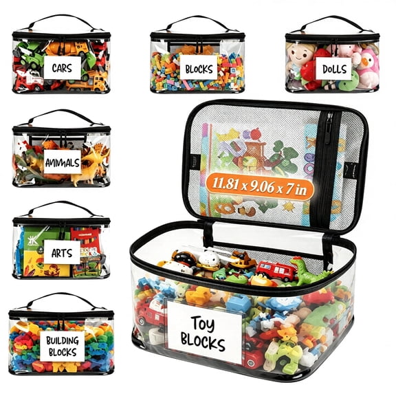 iFaveorr 6 Pack Clear Toy Storage Bags with Name Tag & Manual Pocket, Waterproof Pvc, Black Edge, Large, 11.81x9.06x7 in