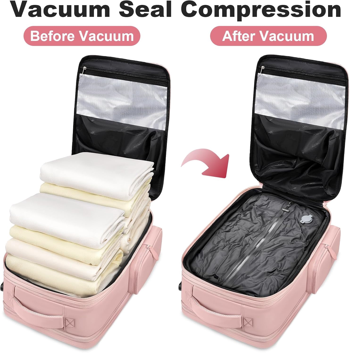 Taygeer Vacuum Backpack, Expandable Carry on Compression Luggage Bag with Shoe Compartment and Rain Cover for Adults, Pink