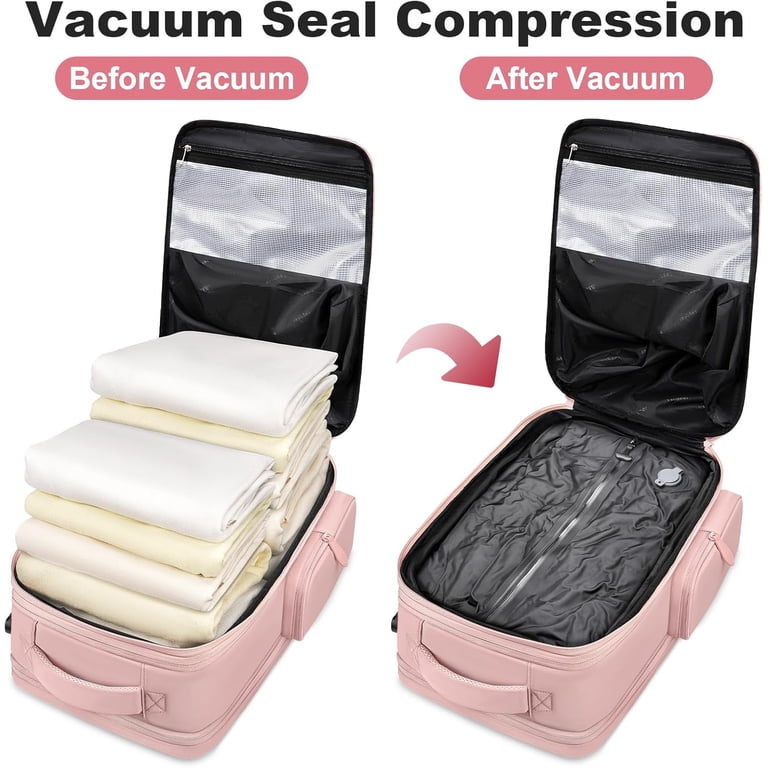 Taygeer Vacuum Backpack, Expandable Carry on Compression Luggage Bag with  Shoe Compartment and Rain Cover for Adults, Pink