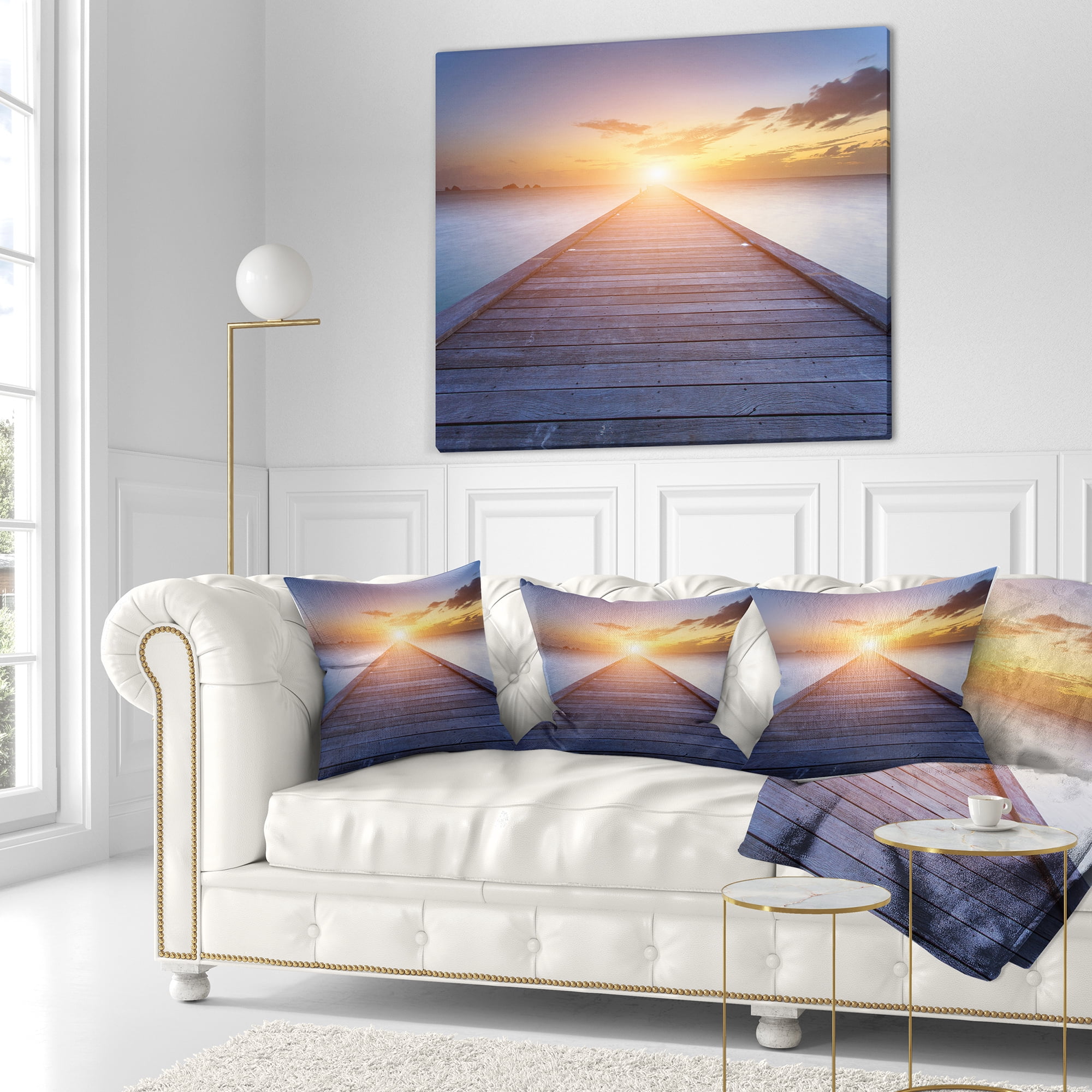 Designart Wooden Pier to Bright Evening Sun - Sea Bridge Throw Pillow - 16x16