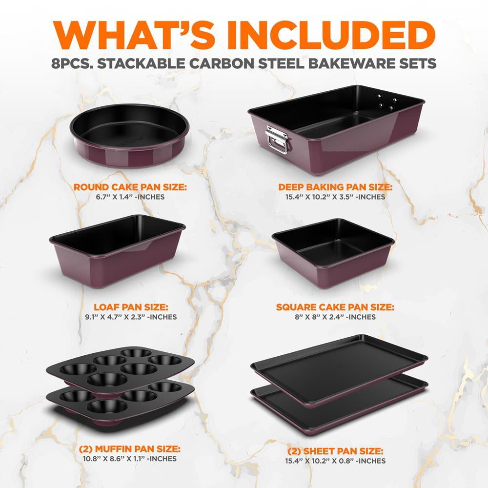 NutriChef 8-Piece Nonstick Stackable Bakeware Set W/ Non-Stick Coating, Brown