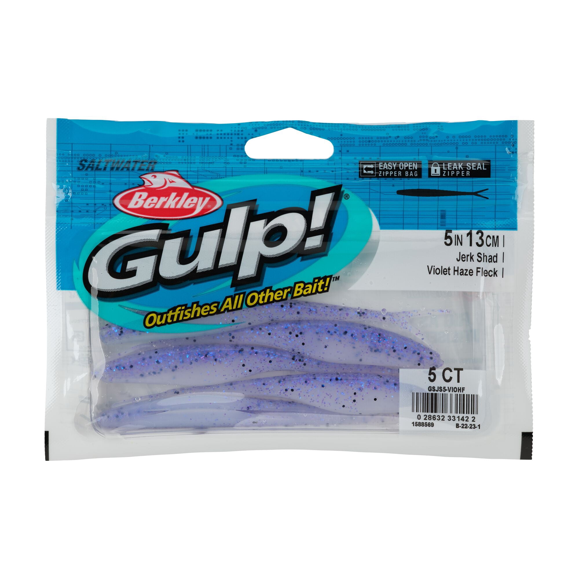 Berkley Gulp!® Saltwater Jerk Shad, 5 in, Jerkbaits, Violet Haze Fleck (5 Count)