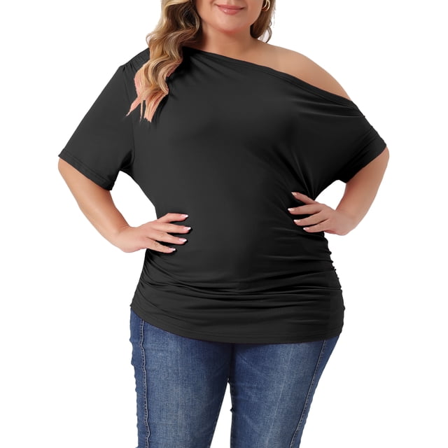 Blusas casuales de una sola manga y manga corta para mujeres de tallas grandes Agnes Orinda 2X negras