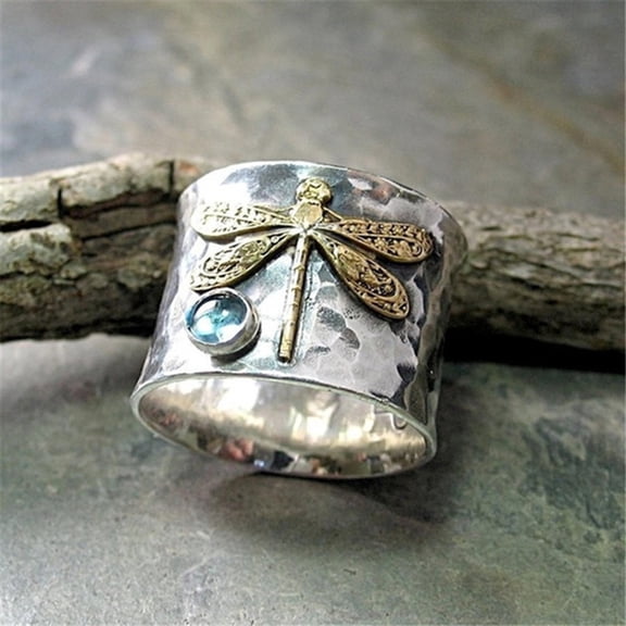 YYKihy Unique Retro Aquamarine Insect Ring Women's Anniversary Christmas Gift